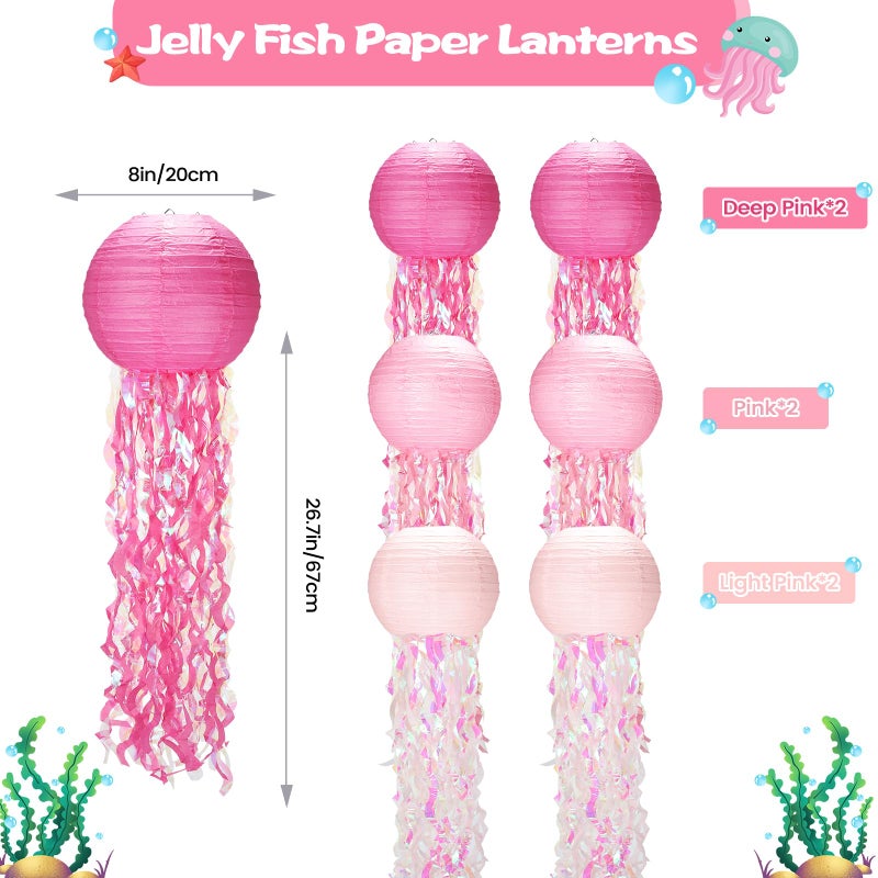 GAILROSO Jellyfish Paper Lanterns,Under The Sea Party Decorations 6Pack with String and Hooks,Hanging Jelly Fish for Mermaid,Ocean Themed,Birthday,Party(Pink 8Inch) - Image 2