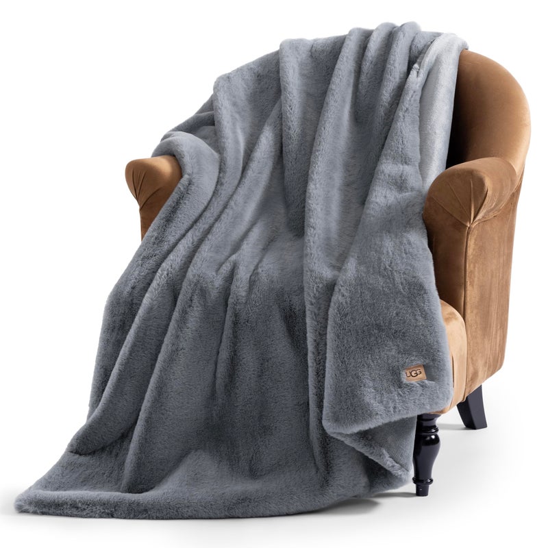 UGG Euphoria Plush Faux Fur Throw Blanket Oversized Soft Throw for Couch or Bed Luxury Home Decor Giftable Christmas Blankets Machine Washable 50inch x 70inch Chambray Blue Grey