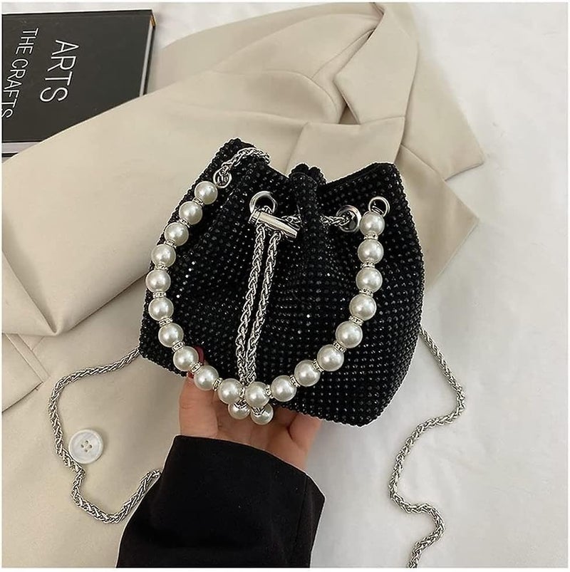 DOSYSO Rhinestone Bucket Bag Mini Evening Pearl Handle Handbags Clutch For Women Drawstring Crossbody Sling Bags with Chain Strap Stylish Potli Bags Ladies Purse for Party Wedding Bling Bags - Image 3