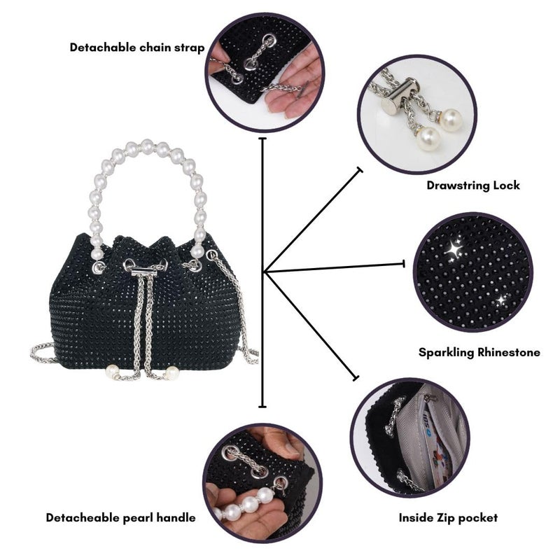 DOSYSO Rhinestone Bucket Bag Mini Evening Pearl Handle Handbags Clutch For Women Drawstring Crossbody Sling Bags with Chain Strap Stylish Potli Bags Ladies Purse for Party Wedding Bling Bags - Image 4