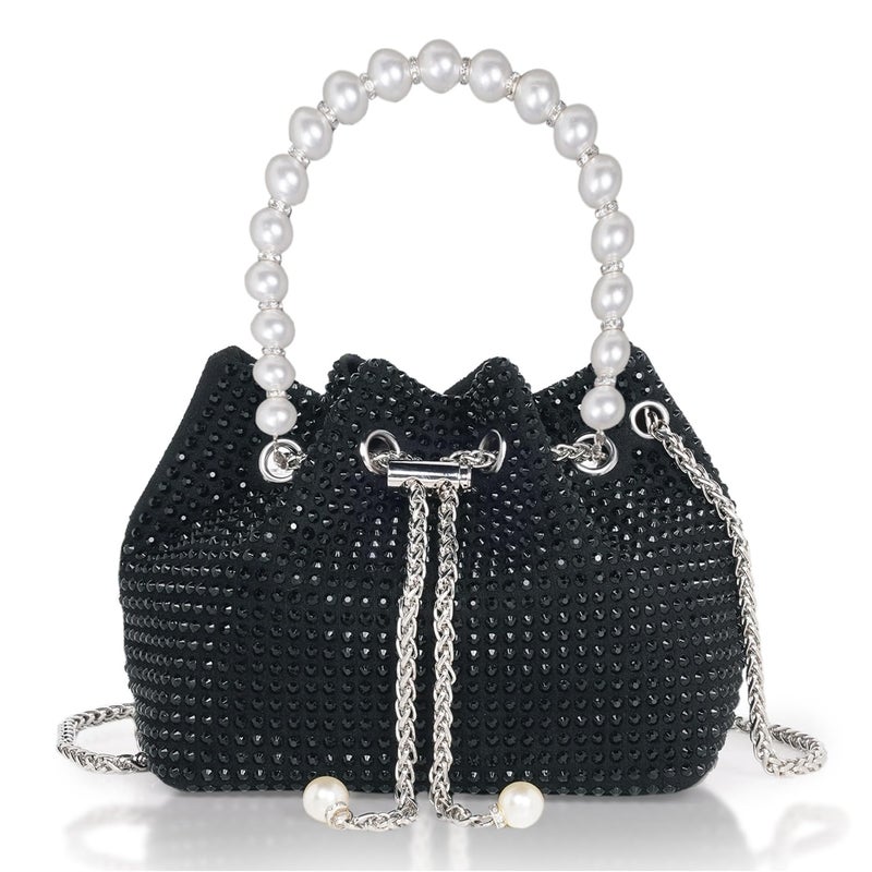 DOSYSO Rhinestone Bucket Bag Mini Evening Pearl Handle Handbags Clutch For Women Drawstring Crossbody Sling Bags with Chain Strap Stylish Potli Bags Ladies Purse for Party Wedding Bling Bags - Image 1