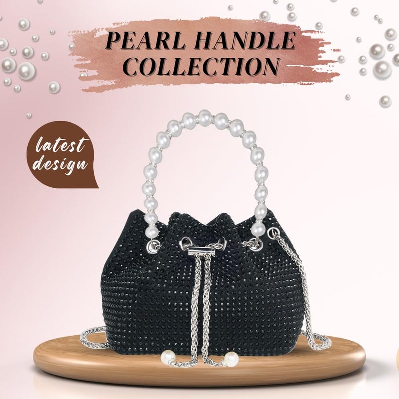 DOSYSO Rhinestone Bucket Bag Mini Evening Pearl Handle Handbags Clutch For Women Drawstring Crossbody Sling Bags with Chain Strap Stylish Potli Bags Ladies Purse for Party Wedding Bling Bags - Image 2
