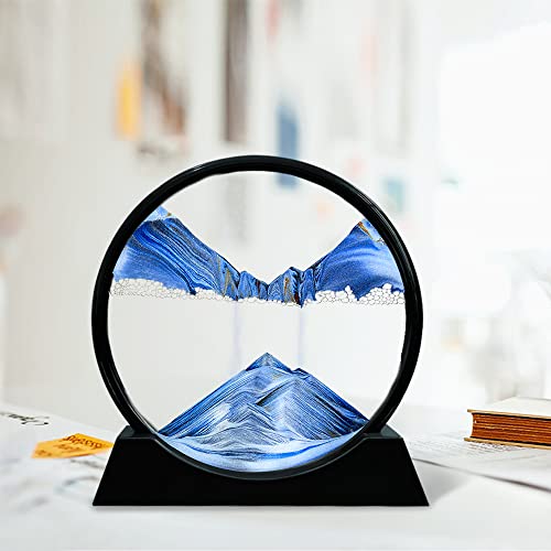 Aoderun Moving Sand Art Picture Round Glass 3D Deep Sea Sandscape in Motion Display Flowing Sand Frame Relaxing Desktop Home Office Work Decor (7", Blue) - Image 2