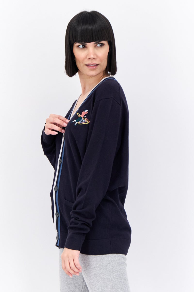 Lyle & Scott Women V-Neck Long Sleeve Embroidered Cardigan, Navy Blue Combo - Image 2