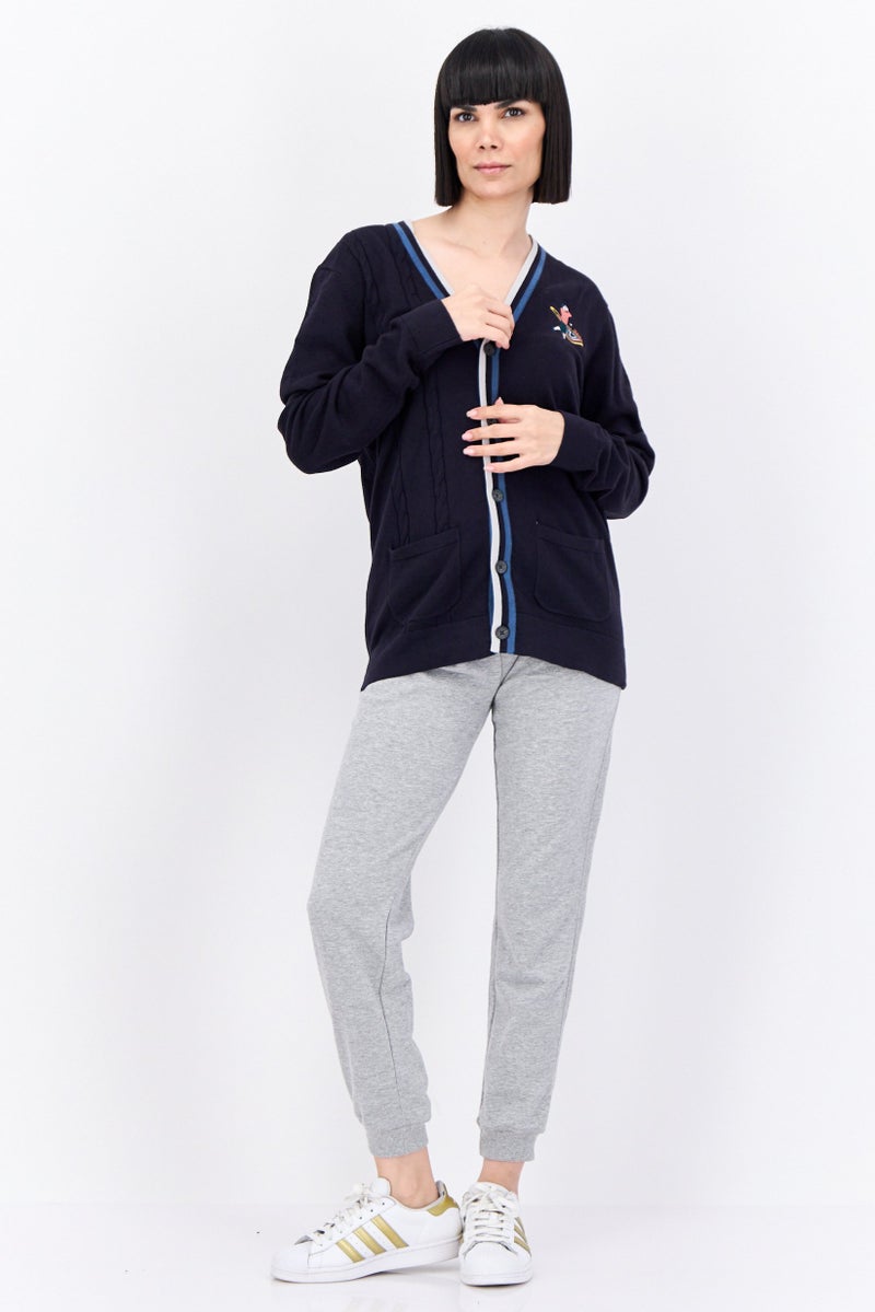 Lyle & Scott Women V-Neck Long Sleeve Embroidered Cardigan, Navy Blue Combo - Image 4