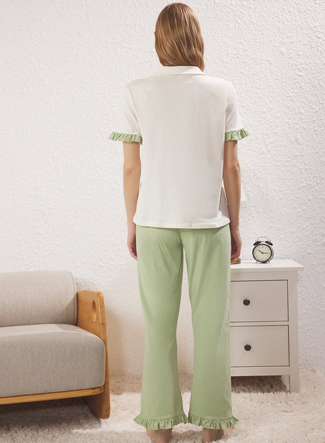 trendyol Ecru and Green 100% Cotton Ruffle Demand Pajamas Set - Image 4