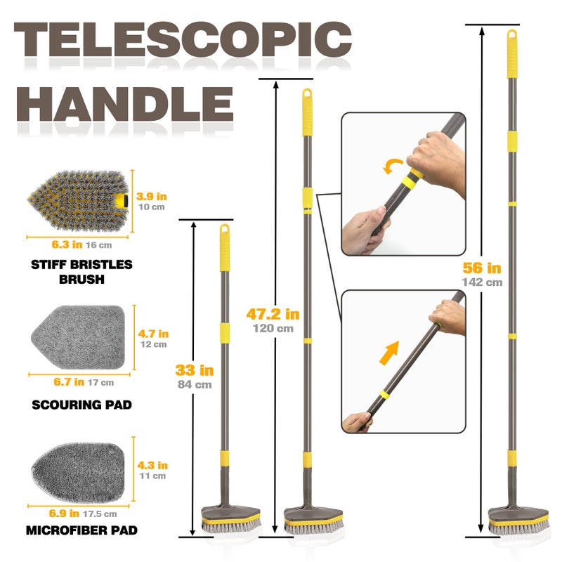 Newe Shower Cleaner Brush  Tub Tile Scrubber With Telescopic Long Handle 56 Inches  4 Scrub Heads For Cleaning Bathroom Bathtub Floor Baseboard Sink Kitchen Toilet (Brown Yellow) - Image 2