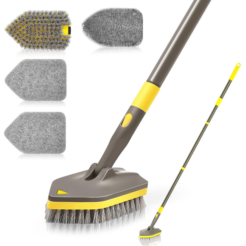 Newe Shower Cleaner Brush  Tub Tile Scrubber With Telescopic Long Handle 56 Inches  4 Scrub Heads For Cleaning Bathroom Bathtub Floor Baseboard Sink Kitchen Toilet (Brown Yellow) - Image 1