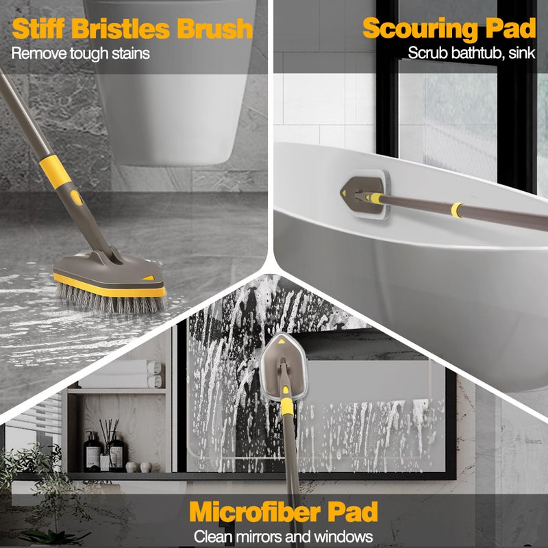 Newe Shower Cleaner Brush  Tub Tile Scrubber With Telescopic Long Handle 56 Inches  4 Scrub Heads For Cleaning Bathroom Bathtub Floor Baseboard Sink Kitchen Toilet (Brown Yellow) - Image 3