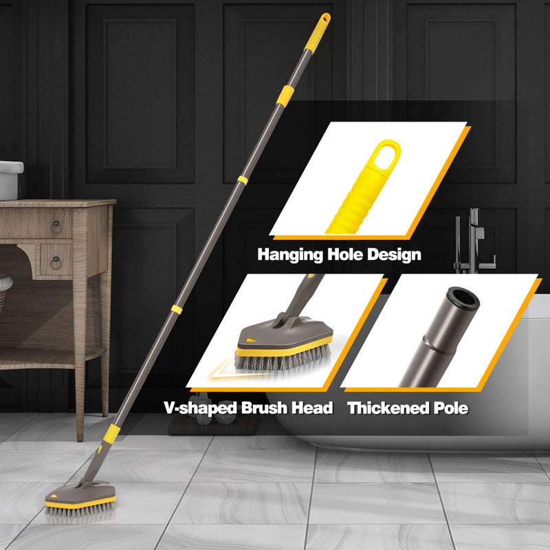 Newe Shower Cleaner Brush  Tub Tile Scrubber With Telescopic Long Handle 56 Inches  4 Scrub Heads For Cleaning Bathroom Bathtub Floor Baseboard Sink Kitchen Toilet (Brown Yellow) - Image 5