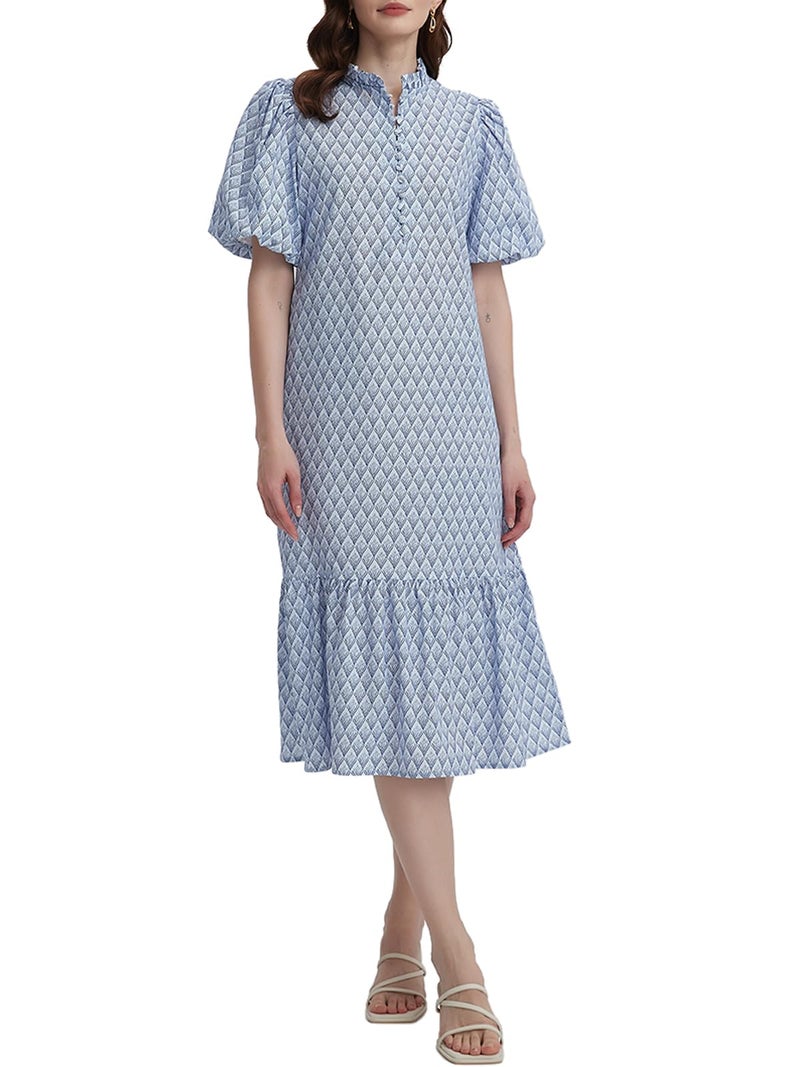 LifeShe Summer Floral Midi Dress for Women Spring Puff Short Sleeve Button Down Flowy Boho Dresses Light Blue - Image 1