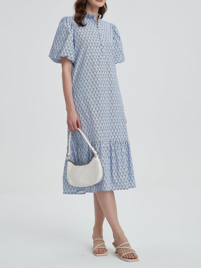 LifeShe Summer Floral Midi Dress for Women Spring Puff Short Sleeve Button Down Flowy Boho Dresses Light Blue - Image 5