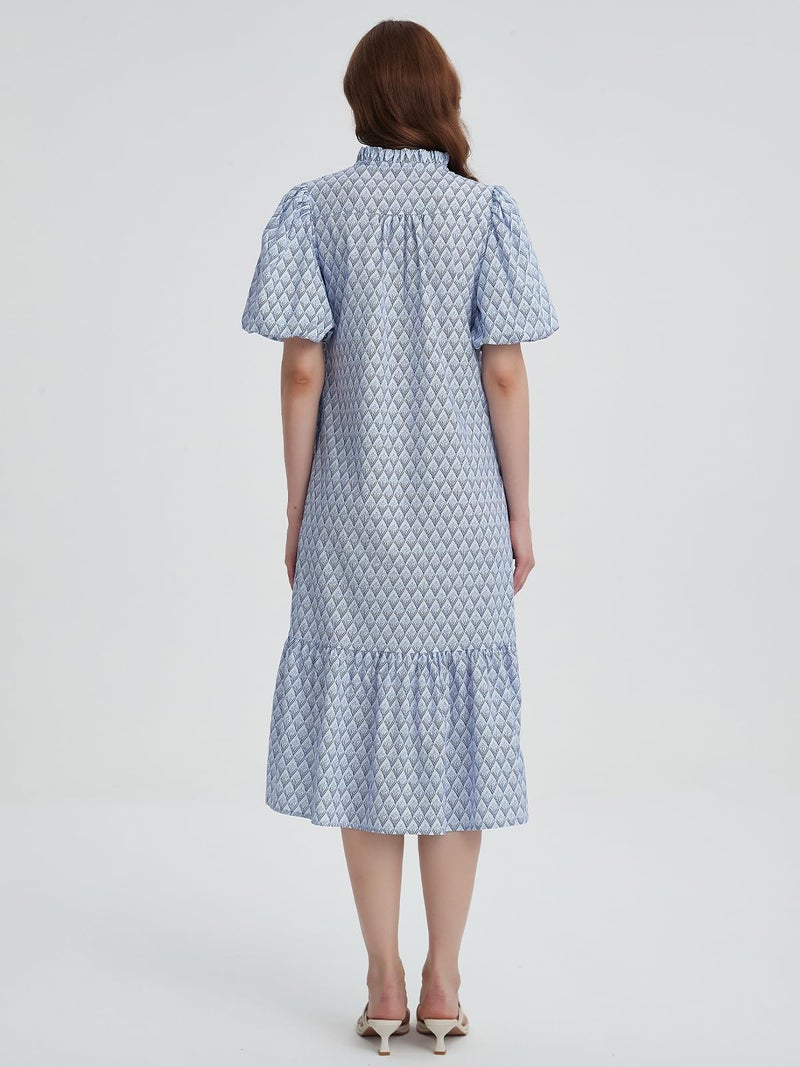 LifeShe Summer Floral Midi Dress for Women Spring Puff Short Sleeve Button Down Flowy Boho Dresses Light Blue - Image 2
