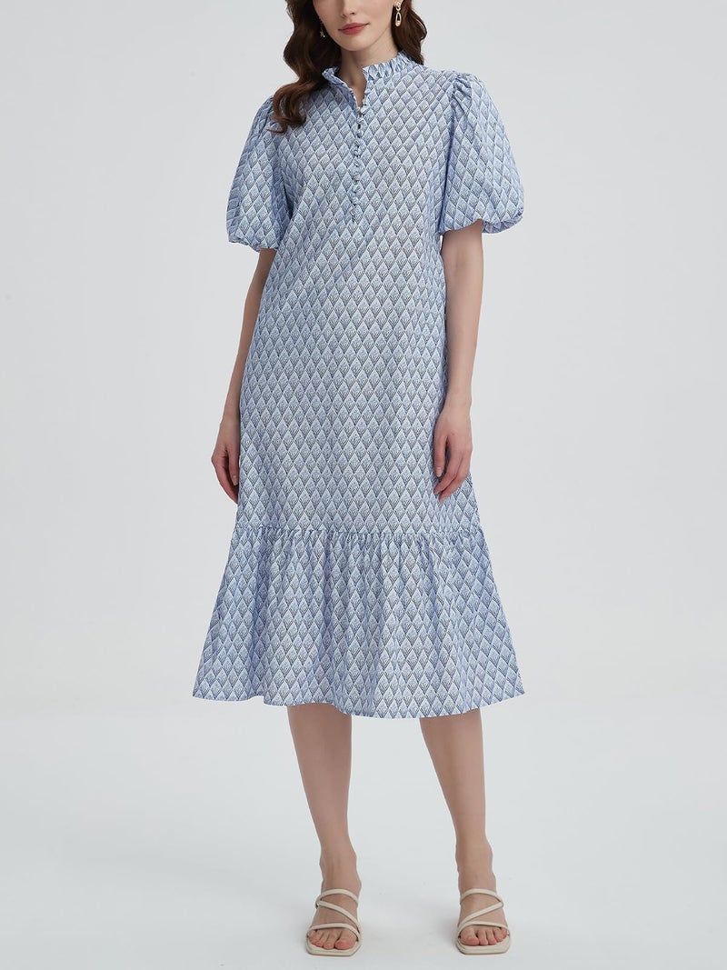 LifeShe Summer Floral Midi Dress for Women Spring Puff Short Sleeve Button Down Flowy Boho Dresses Light Blue - Image 3