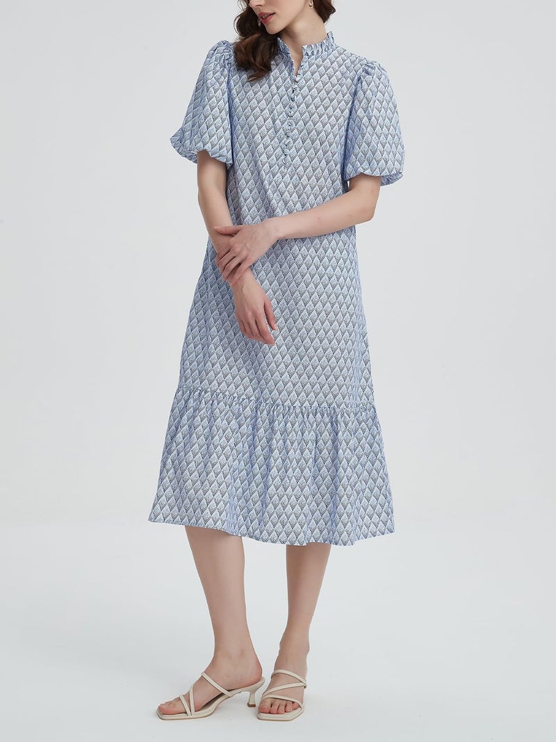 LifeShe Summer Floral Midi Dress for Women Spring Puff Short Sleeve Button Down Flowy Boho Dresses Light Blue - Image 4