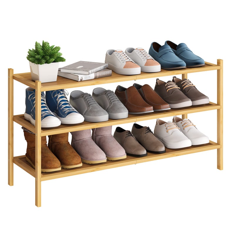 BMOSU 3Tier Bamboo Extended Shoe Rack Premium Stackable Shoe Shelf Storage Organizer for Hallway Closet Living Room Entryway OrganizerNatural