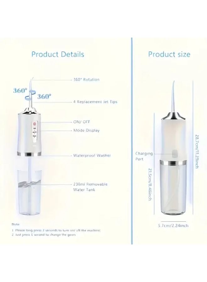 White Portable USB Rechargeable Dental Irrigator with 4 Nozzles for Teeth Cleaning Gum Care Plaque Removal - Image 3