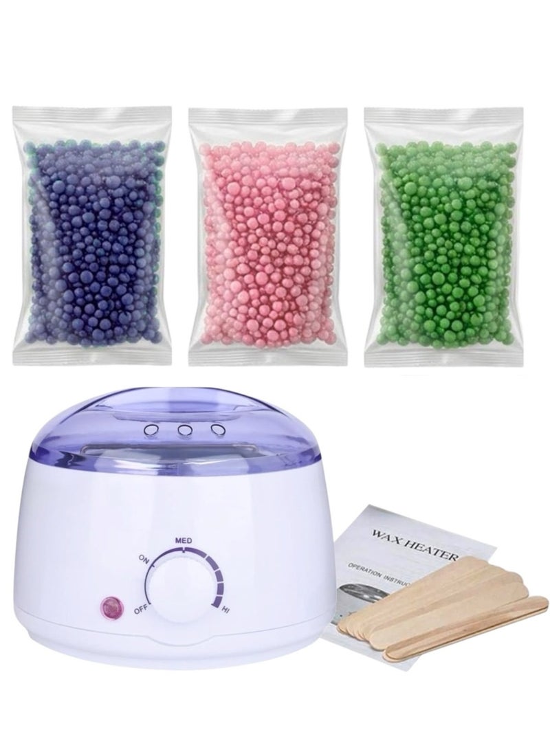 Electric Hair Removal Wax Heater (Multicolour) with Hair Removal Hot Wax 3pcs and 10 Wooden Sticks (No Waxing Paper Needed)