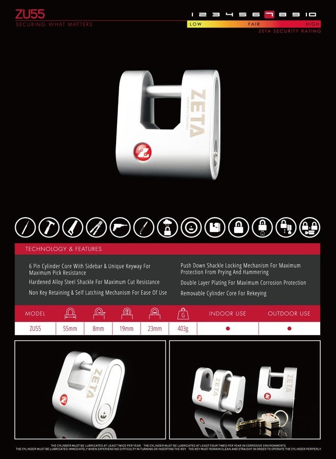 ZETA ZU55 High Security 6-Pin Dimple Slider with Sidebar Cut Pick Resistant Locksport 55mm Width Padlock - Image 5