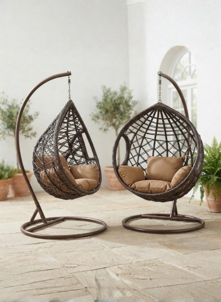 KARNAK Poang Hanging Chair Brown & White Rattan Wicker Swing Chair - Image 1