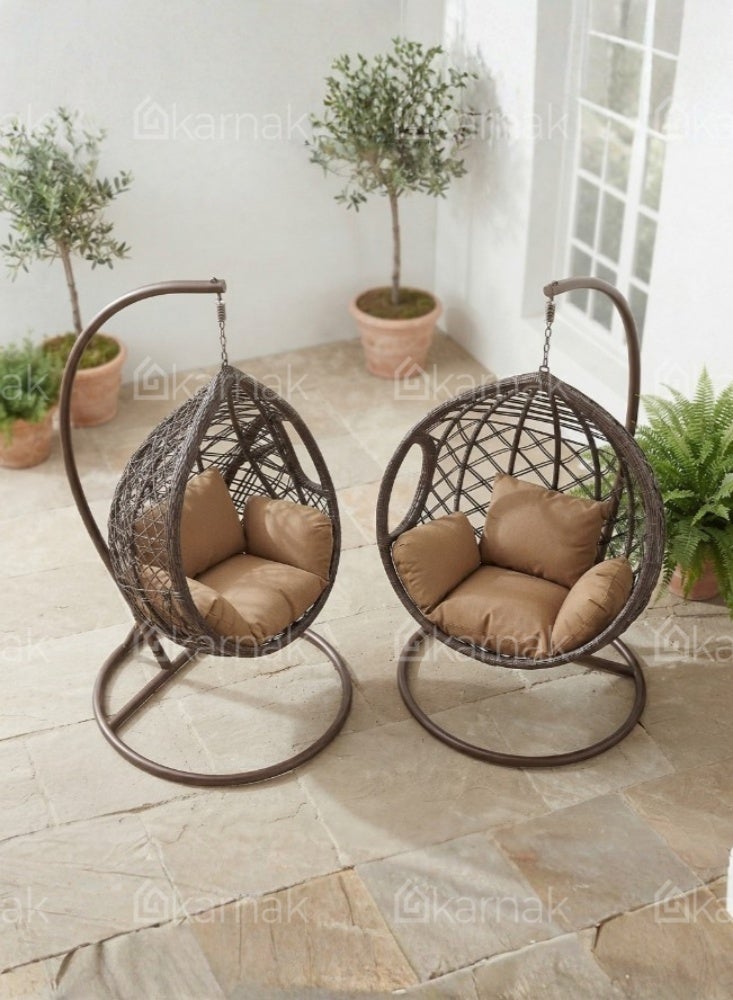 KARNAK Poang Hanging Chair Brown & White Rattan Wicker Swing Chair - Image 3