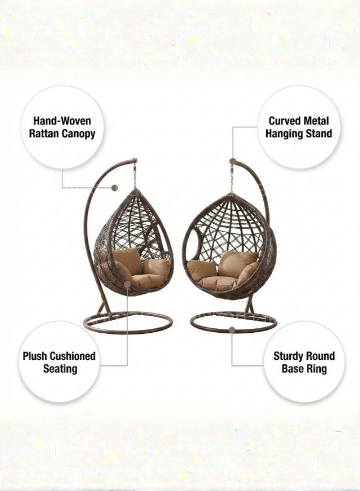 KARNAK Poang Hanging Chair Brown & White Rattan Wicker Swing Chair - Image 4