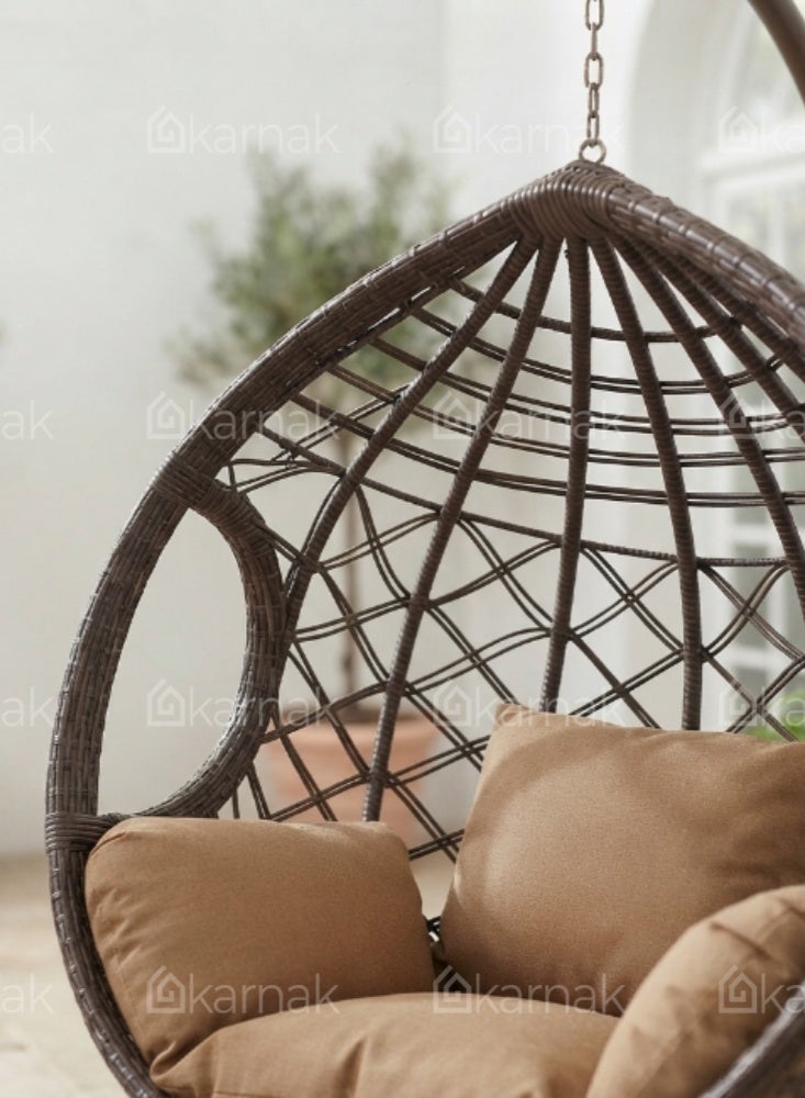 KARNAK Poang Hanging Chair Brown & White Rattan Wicker Swing Chair - Image 2