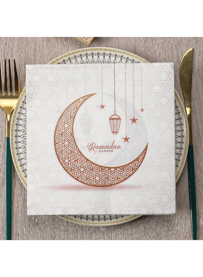 Disposable Napkins Ramadan and Eid Crescent Moon Party Napkins Eid Mubarak Table Napkins Cloth Like Decorative Dinner Napkins Gold White 16.5 x 16.5cm Paper Napkins 2-Ply (Pack of 20) - Image 1