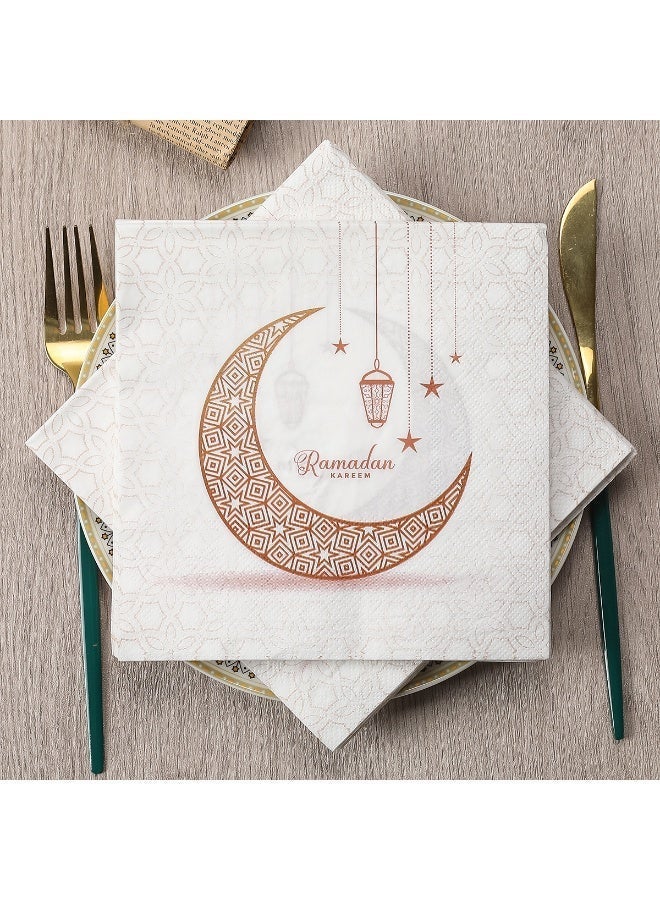 Disposable Napkins Ramadan and Eid Crescent Moon Party Napkins Eid Mubarak Table Napkins Cloth Like Decorative Dinner Napkins Gold White 16.5 x 16.5cm Paper Napkins 2-Ply (Pack of 20) - Image 2