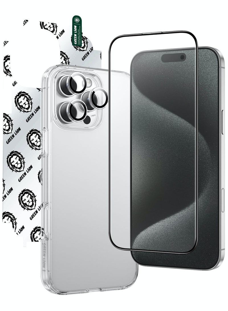 GREEN LION iPhone 16 Pro Max 4 In 1 Defender Pack / Back cover Case / Glass screen Protector / Camera lens Protector / Nano HD Full Protection - Transparent - Image 1