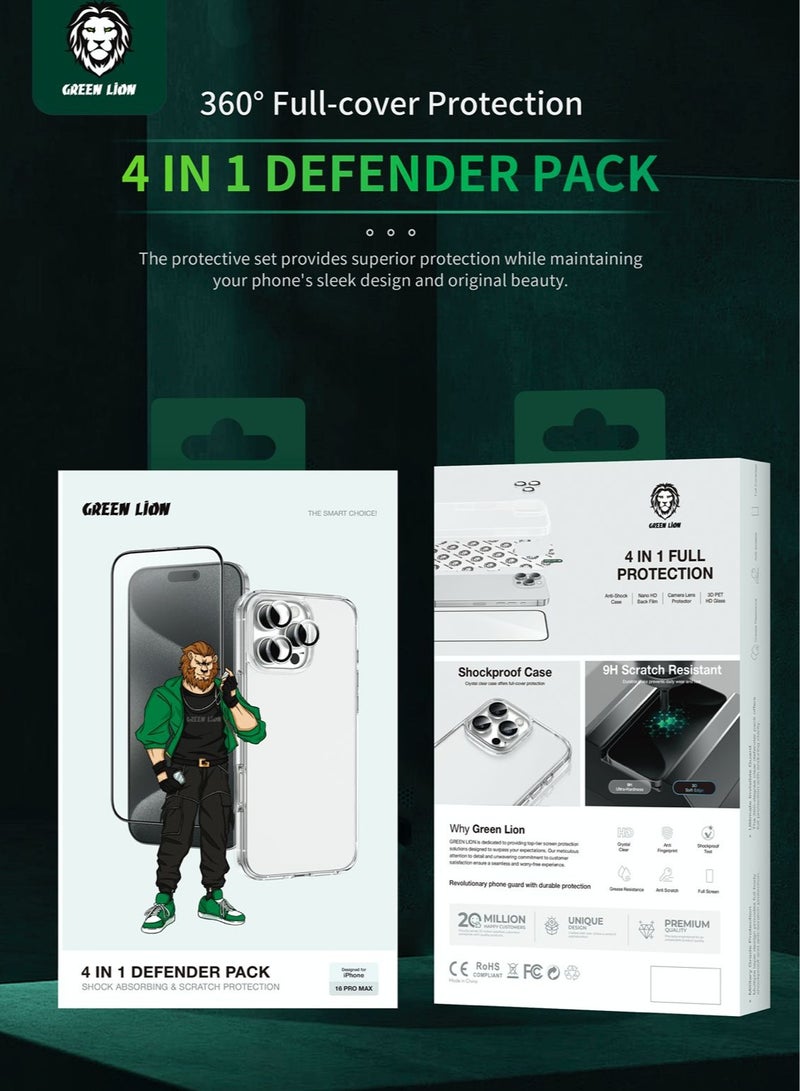 GREEN LION iPhone 16 Pro Max 4 In 1 Defender Pack / Back cover Case / Glass screen Protector / Camera lens Protector / Nano HD Full Protection - Transparent - Image 2