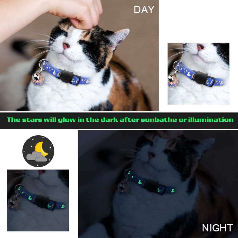 Baeuppit 2PCS Breakaway Cat Collars with Bell Moons Stars Cute Kitty Adjustable Safe Kitten Collars with Pendant Glow in The Dark(Black&Blue) - Image 4