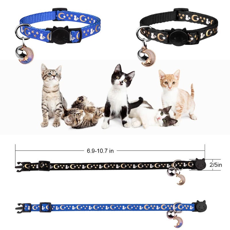 Baeuppit 2PCS Breakaway Cat Collars with Bell Moons Stars Cute Kitty Adjustable Safe Kitten Collars with Pendant Glow in The Dark(Black&Blue) - Image 5