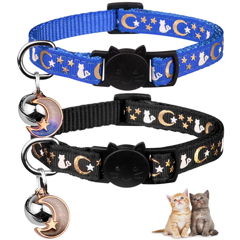 Baeuppit 2PCS Breakaway Cat Collars with Bell Moons Stars Cute Kitty Adjustable Safe Kitten Collars with Pendant Glow in The Dark(Black&Blue) - Image 1
