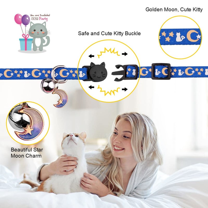 Baeuppit 2PCS Breakaway Cat Collars with Bell Moons Stars Cute Kitty Adjustable Safe Kitten Collars with Pendant Glow in The Dark(Black&Blue) - Image 3