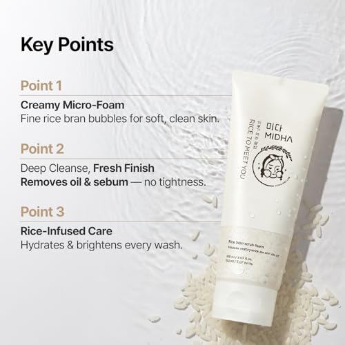 MIDHA RICE BRAN SCRUB FOAM 5.07fl.oz/150ml, Deep Cleansing, Pore-Purifying, Gentle Exfoliating – Soft Micro-Foam Face Wash with Balanced pH & Hydrating, Nourishing Care - Image 4