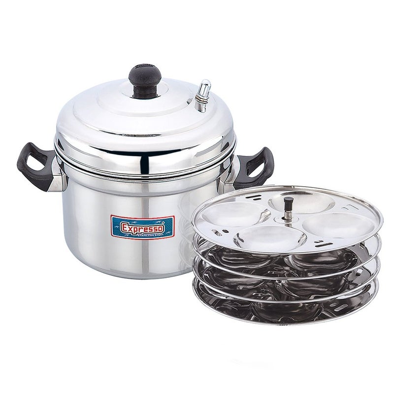 Expresso Stainless Steel Idli Cooker/Idli Maker Makes 16 Idlis At Once Comes With 4 Idly Plates. Gas Stove & Induction Compatible, Heavy Gauge, Silver