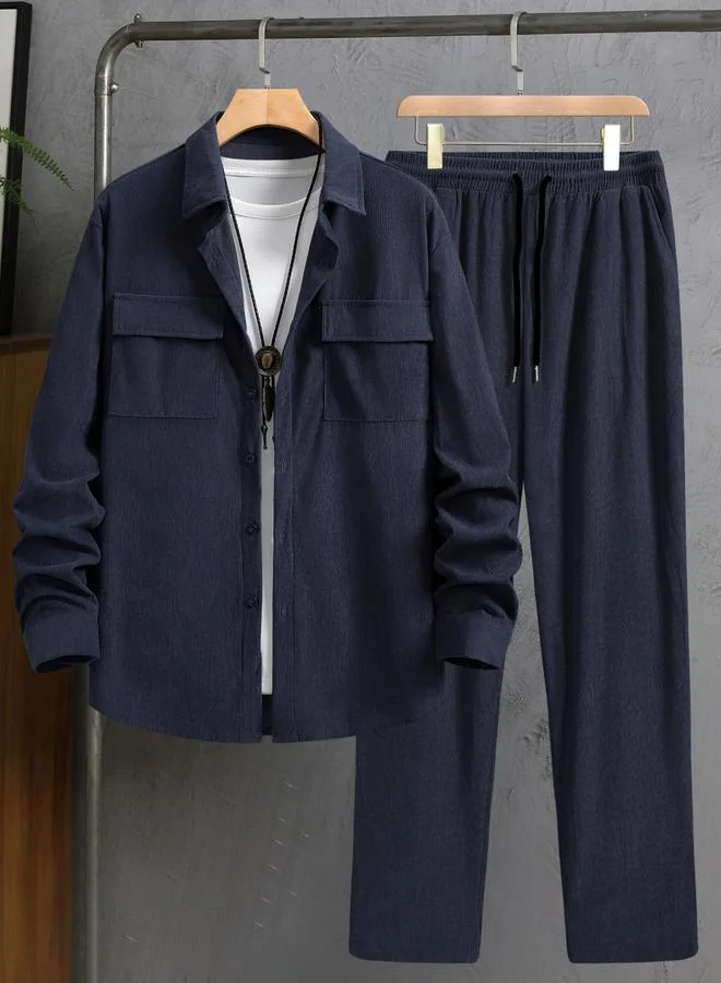 Take Two Take Two Men Navy Blue Corduroy Shirt and Pants Co-ords