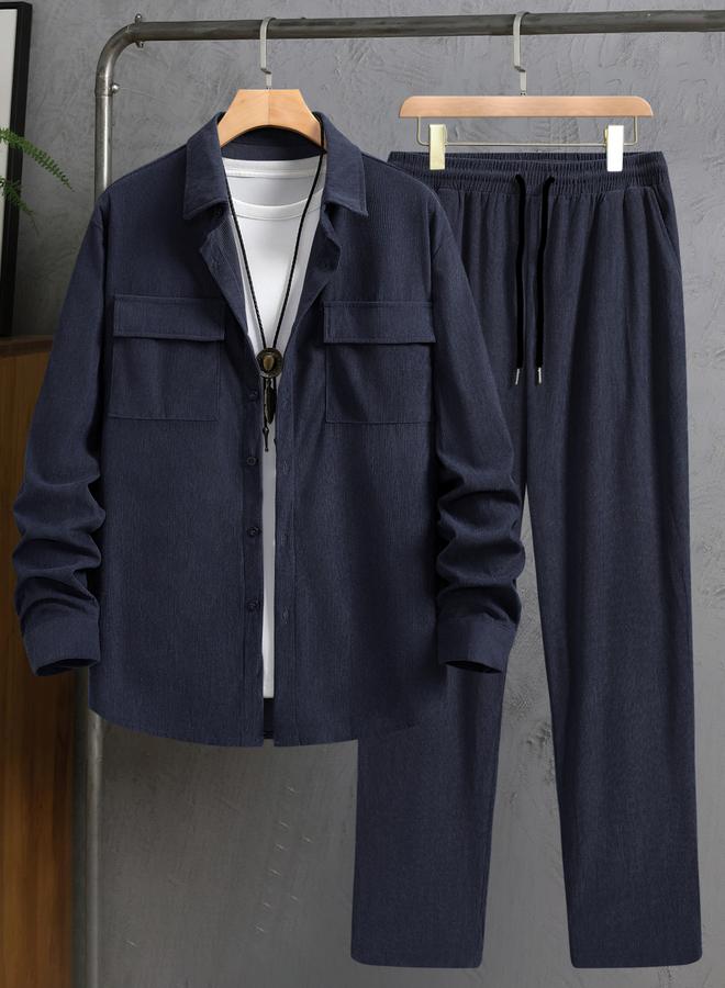 Take Two Men Navy Blue Corduroy Shirt and Pants Co-ords - Image 1