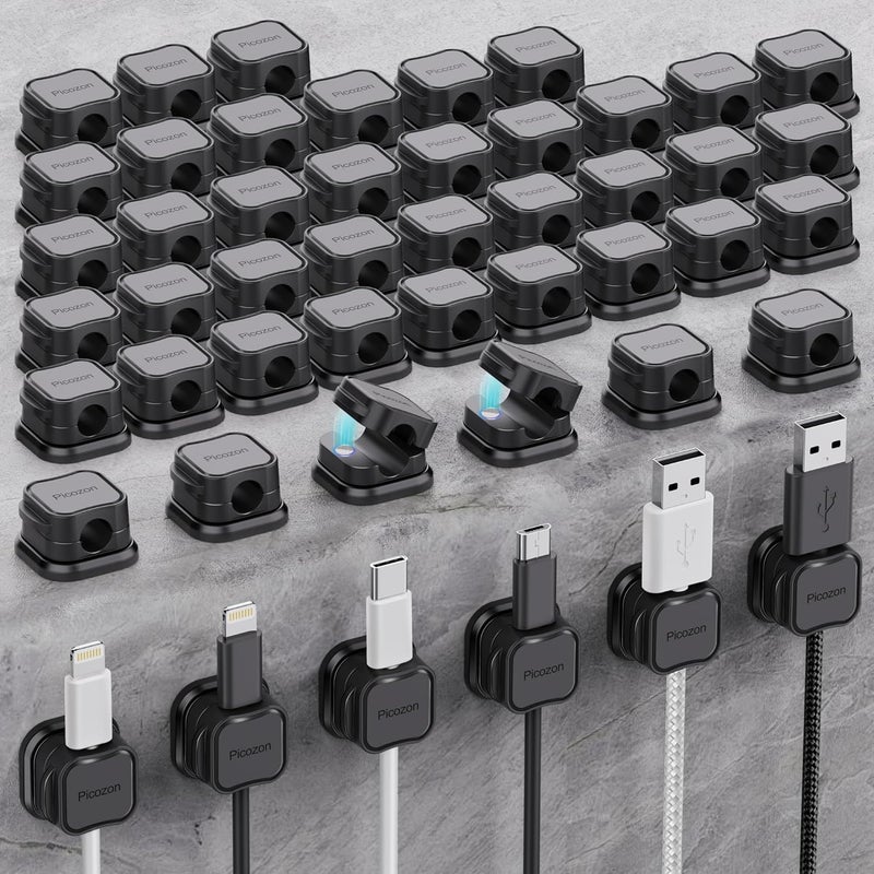 Picozon 48 Pack Magnetic Cable Clip Organizer Cord Holder, Adhesive Cable Management, Wire Phone USB Charger Cable Holder Keeper Organizer for Car, Office Home Desktop, Wall, Night Table - Black - Image 1