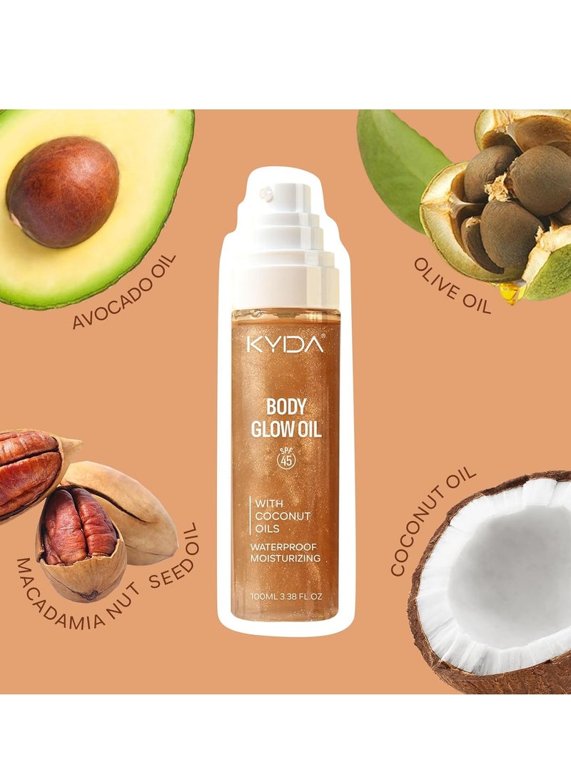 KYDA KYDA Body Glow Oil, Broad Spectrum SPF 45, Sunscreen Body Oil with Gold Mica, Sun-kissed Glow Skin Illuminator, Lightweight Non-Sticky Moisturizer with Coconuts, Water Resistant, 3.38 fl oz, AMBER  - Image 5