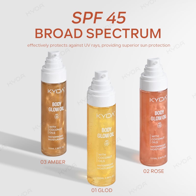 KYDA Body Glow Oil, SPF 45 Sunscreen Body Oil with Gold Mica, Sun-kissed Glow Skin Illuminator, Moisturizing Coconuts Summer Sunscreen, Water Resistant, 3.38 fl oz, AMBER - Image 3