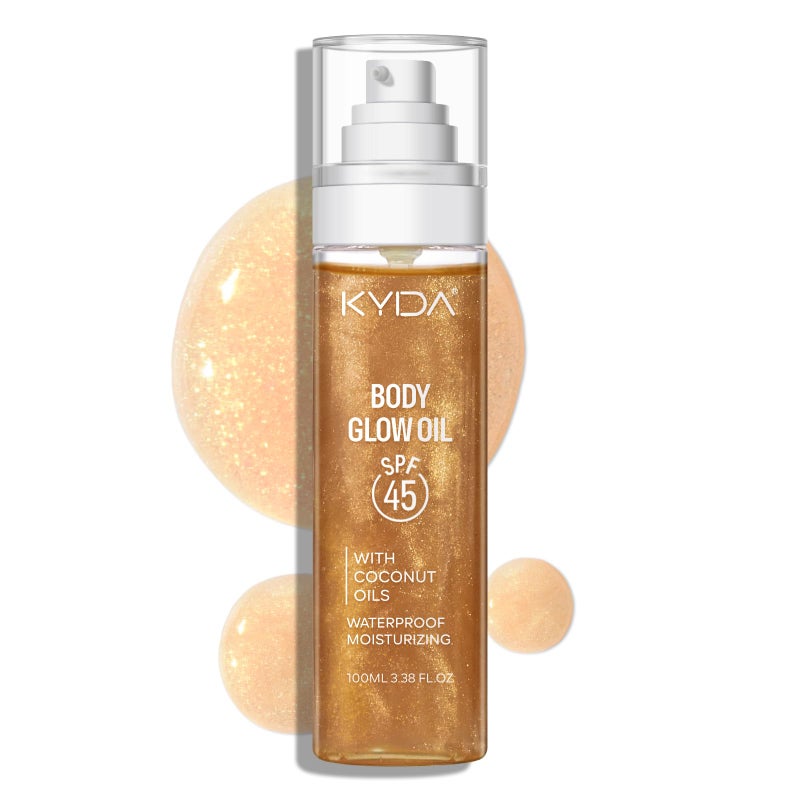 KYDA Body Glow Oil, SPF 45 Sunscreen Body Oil with Gold Mica, Sun-kissed Glow Skin Illuminator, Moisturizing Coconuts Summer Sunscreen, Water Resistant, 3.38 fl oz, AMBER - Image 1