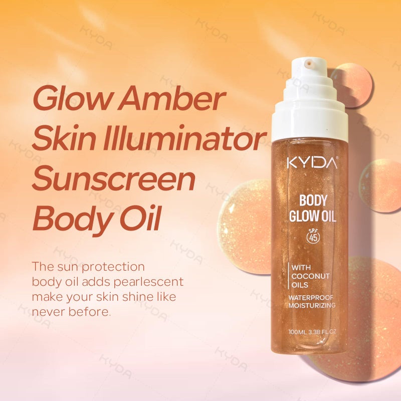 KYDA Body Glow Oil, SPF 45 Sunscreen Body Oil with Gold Mica, Sun-kissed Glow Skin Illuminator, Moisturizing Coconuts Summer Sunscreen, Water Resistant, 3.38 fl oz, AMBER - Image 2