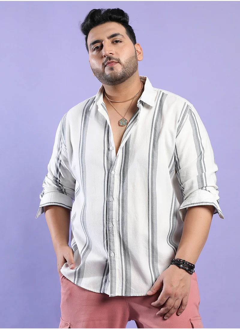 Instafab Plus Instafab Plus Men's White & Dark Grey Barcode Striped Shirt For Casual Wear | Spread Collar | Long Sleeve | Button Closure | Cotton Shirt Crafted With Comfort Fit For Everyday Wear