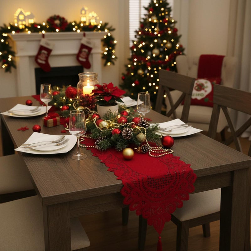 mookaitedecor Lace Table Runner for Wedding Party Coffee Table Decor Red, 13 x 70 Inch - Image 3