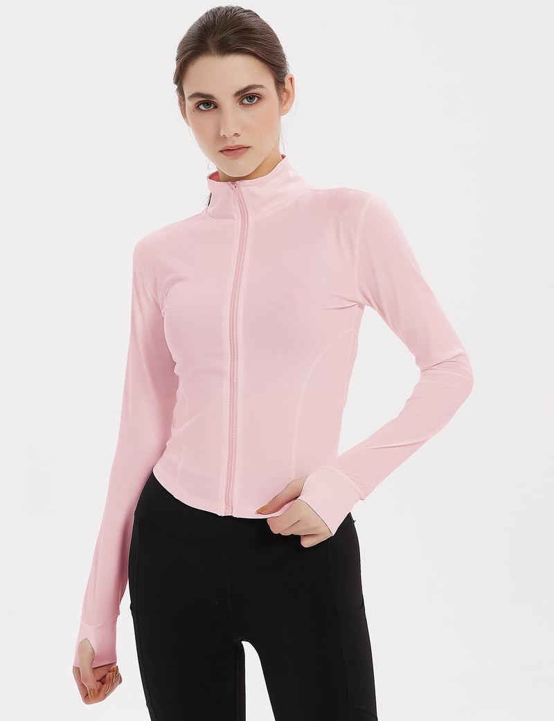 Gihuo Women's Athletic Full Zip Lightweight Workout Jacket with Thumb Holes (Large, Pink) - Image 2