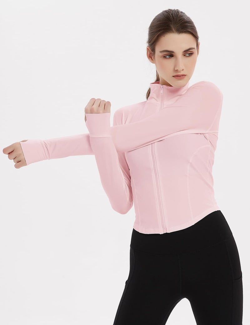 Gihuo Women's Athletic Full Zip Lightweight Workout Jacket with Thumb Holes (Large, Pink) - Image 3
