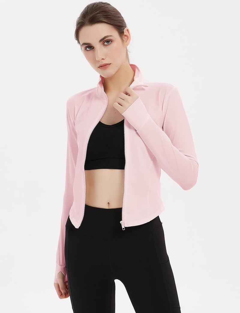 Gihuo Women's Athletic Full Zip Lightweight Workout Jacket with Thumb Holes (Large, Pink) - Image 4