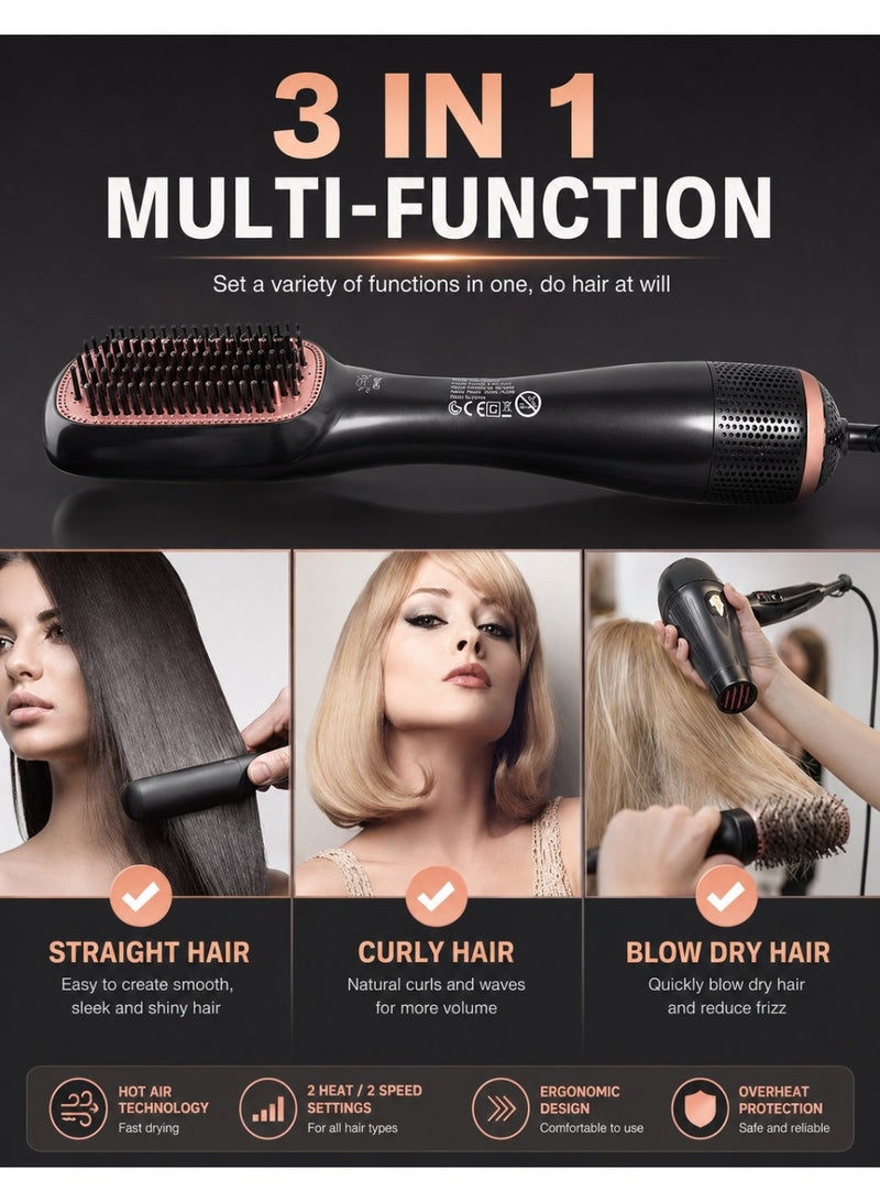 EFFIE 3-in-1 Hair Straightener Brush 1200W Ionic Blow Dryer Brush with PTC Ceramic Heating Fast Drying Hot Air Comb for Wet & Dry Styling Black & Rose Gold - Image 2